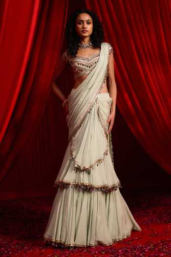 NIDHIKA SHEKHAR Bandhana Draped Lehenga Saree With Embroidered Blouse