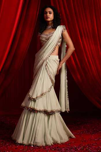 Buy NIDHIKA SHEKHAR Green Chiffon Sweetheart Bandhana Draped Lehenga Saree With Embroidered Blouse Online at Aza Fashions Buy_NIDHIKA SHEKHAR_Green Chiffon Sweetheart Bandhana Draped Lehenga Saree With Embroidered Blouse _Online_at_Aza_Fashions