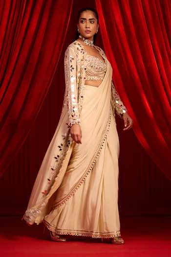Buy NIDHIKA SHEKHAR Gold Crepe Sweetheart Neck Sunheri Anvaya Pre-draped Saree Set With Cape Online at Aza Fashions Buy_NIDHIKA SHEKHAR_Gold Crepe Sweetheart Neck Sunheri Anvaya Pre-draped Saree Set With Cape _Online_at_Aza_Fashions