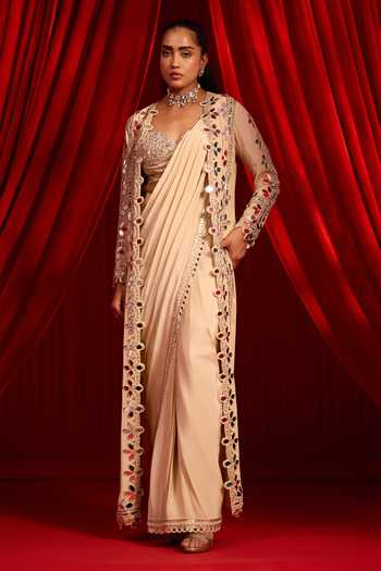 NIDHIKA SHEKHAR Sunheri Anvaya Pre-Draped Saree Set With Cape