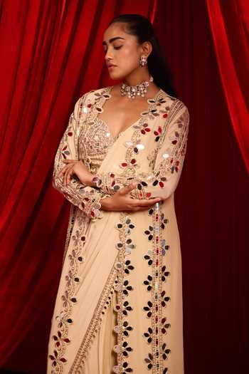 Shop NIDHIKA SHEKHAR Gold Crepe Sweetheart Neck Sunheri Anvaya Pre-draped Saree Set With Cape Online at Aza Fashions Shop_NIDHIKA SHEKHAR_Gold Crepe Sweetheart Neck Sunheri Anvaya Pre-draped Saree Set With Cape _Online_at_Aza_Fashions