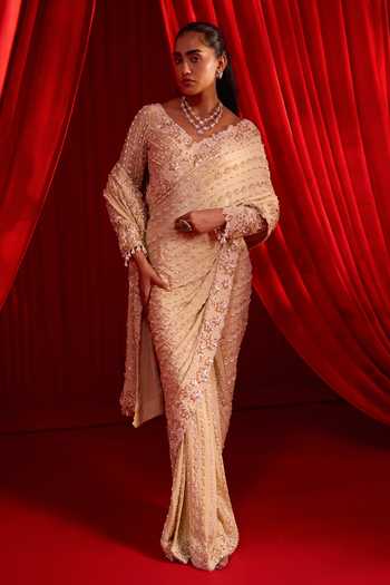 Buy NIDHIKA SHEKHAR Gold Silk, Crepe V-neck Sunheri Anvaya Embroidered Pre-draped Saree With Blouse Online at Aza Fashions Buy_NIDHIKA SHEKHAR_Gold Silk, Crepe V-neck Sunheri Anvaya Embroidered Pre-draped Saree With Blouse _Online_at_Aza_Fashions