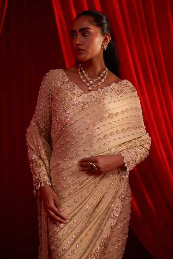 Shop NIDHIKA SHEKHAR Gold Silk, Crepe V-neck Sunheri Anvaya Embroidered Pre-draped Saree With Blouse Online at Aza Fashions Shop_NIDHIKA SHEKHAR_Gold Silk, Crepe V-neck Sunheri Anvaya Embroidered Pre-draped Saree With Blouse _Online_at_Aza_Fashions
