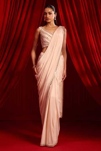 NIDHIKA SHEKHAR Pink Organza, Net, Chiffon Meeras Embroidered Cape With Pre-draped Saree Set Online at Aza Fashions NIDHIKA SHEKHAR_Pink Organza, Net, Chiffon Meeras Embroidered Cape With Pre-draped Saree Set _Online_at_Aza_Fashions