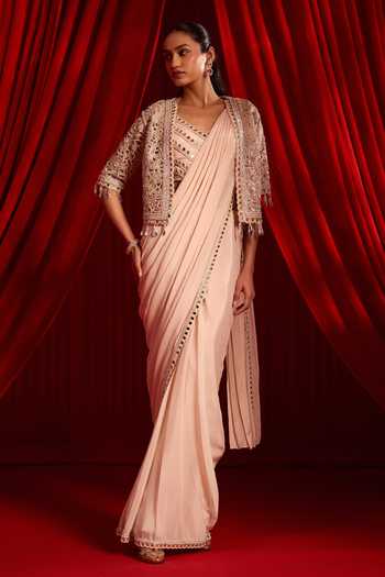 NIDHIKA SHEKHAR Meeras Embroidered Cape With Pre-Draped Saree Set