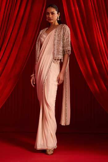 Buy NIDHIKA SHEKHAR Pink Organza, Net, Chiffon Meeras Embroidered Cape With Pre-draped Saree Set Online at Aza Fashions Buy_NIDHIKA SHEKHAR_Pink Organza, Net, Chiffon Meeras Embroidered Cape With Pre-draped Saree Set _Online_at_Aza_Fashions
