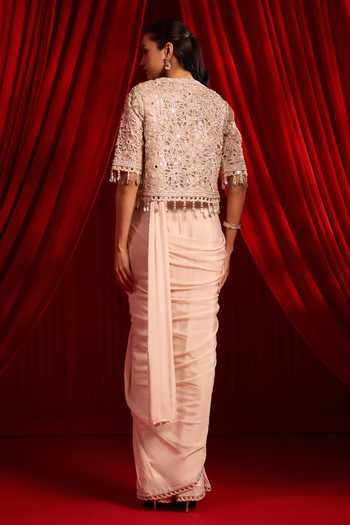 NIDHIKA SHEKHAR Meeras Embroidered Cape With Pre-Draped Saree Set