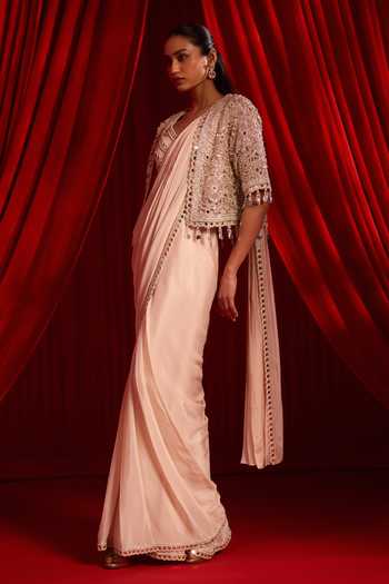 Shop NIDHIKA SHEKHAR Pink Organza, Net, Chiffon Meeras Embroidered Cape With Pre-draped Saree Set Online at Aza Fashions Shop_NIDHIKA SHEKHAR_Pink Organza, Net, Chiffon Meeras Embroidered Cape With Pre-draped Saree Set _Online_at_Aza_Fashions