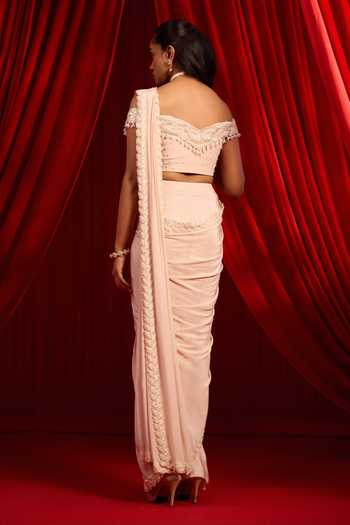 NIDHIKA SHEKHAR Sanyoga Gulabi Border Embellished Pre-Draped Saree Set