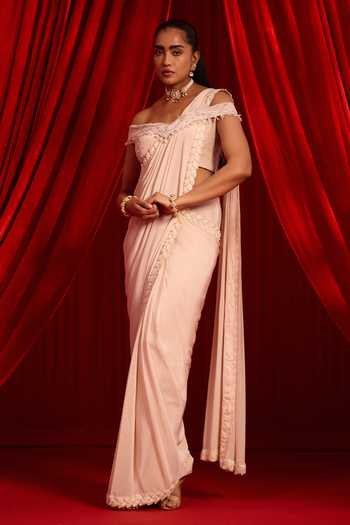 NIDHIKA SHEKHAR Sanyoga Gulabi Border Embellished Pre-Draped Saree Set