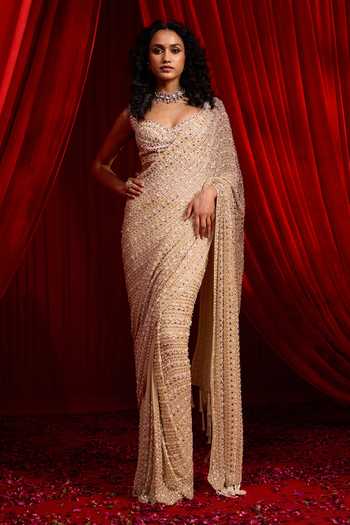 Shop NIDHIKA SHEKHAR Gold Georgette Sweetheart Anvaya Nakshi Embroidered Pre-draped Saree With Blouse Online at Aza Fashions Shop_NIDHIKA SHEKHAR_Gold Georgette Sweetheart Anvaya Nakshi Embroidered Pre-draped Saree With Blouse _Online_at_Aza_Fashions