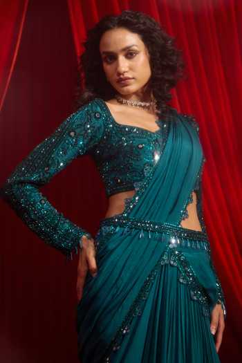 NIDHIKA SHEKHAR Blue Chiffon Sweetheart Neck Haritah Anvaya Layered Draped Lehenga Saree Set Online at Aza Fashions NIDHIKA SHEKHAR_Blue Chiffon Sweetheart Neck Haritah Anvaya Layered Draped Lehenga Saree Set _Online_at_Aza_Fashions