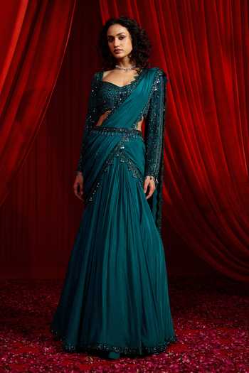 NIDHIKA SHEKHAR Haritah Anvaya Layered Draped Lehenga Saree Set