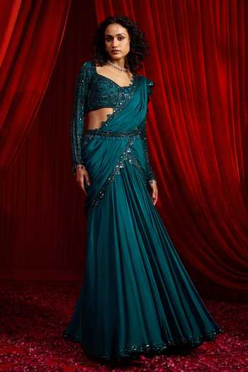 Buy NIDHIKA SHEKHAR Blue Chiffon Sweetheart Neck Haritah Anvaya Layered Draped Lehenga Saree Set Online at Aza Fashions Buy_NIDHIKA SHEKHAR_Blue Chiffon Sweetheart Neck Haritah Anvaya Layered Draped Lehenga Saree Set _Online_at_Aza_Fashions