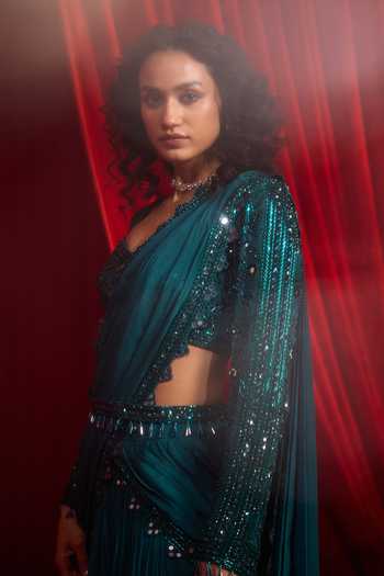 Shop NIDHIKA SHEKHAR Blue Chiffon Sweetheart Neck Haritah Anvaya Layered Draped Lehenga Saree Set Online at Aza Fashions Shop_NIDHIKA SHEKHAR_Blue Chiffon Sweetheart Neck Haritah Anvaya Layered Draped Lehenga Saree Set _Online_at_Aza_Fashions