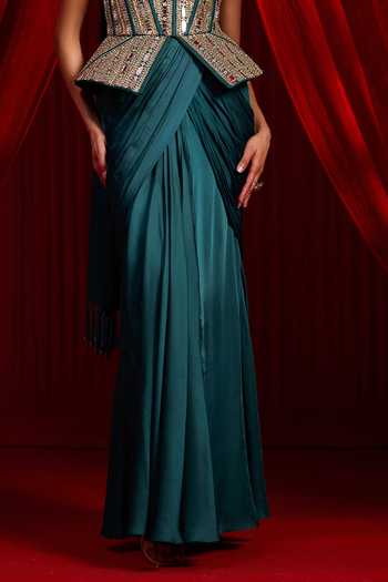 NIDHIKA SHEKHAR Blue Satin, Modal Beads, Haritah Sanyoga Embellished Corset Draped Skirt Set Online at Aza Fashions NIDHIKA SHEKHAR_Blue Satin, Modal Beads, Haritah Sanyoga Embellished Corset Draped Skirt Set _Online_at_Aza_Fashions