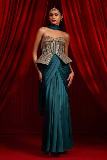 Buy NIDHIKA SHEKHAR Blue Satin, Modal Beads, Haritah Sanyoga Embellished Corset Draped Skirt Set Online at Aza Fashions Buy_NIDHIKA SHEKHAR_Blue Satin, Modal Beads, Haritah Sanyoga Embellished Corset Draped Skirt Set _Online_at_Aza_Fashions