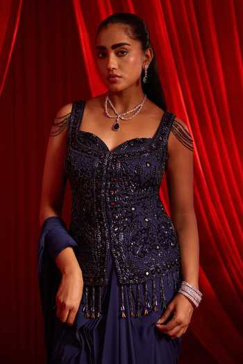 Buy NIDHIKA SHEKHAR Blue Georgette, Shantoon Navshaili Pre-draped Saree With Embroidered Top Online at Aza Fashions Buy_NIDHIKA SHEKHAR_Blue Georgette, Shantoon Navshaili Pre-draped Saree With Embroidered Top _Online_at_Aza_Fashions