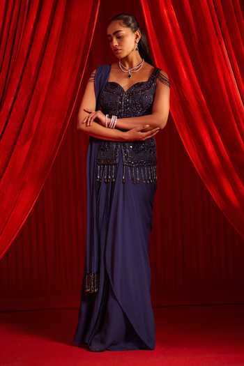 NIDHIKA SHEKHAR Blue Georgette, Shantoon Navshaili Pre-draped Saree With Embroidered Top at Aza Fashions NIDHIKA SHEKHAR_Blue Georgette, Shantoon Navshaili Pre-draped Saree With Embroidered Top _at_Aza_Fashions