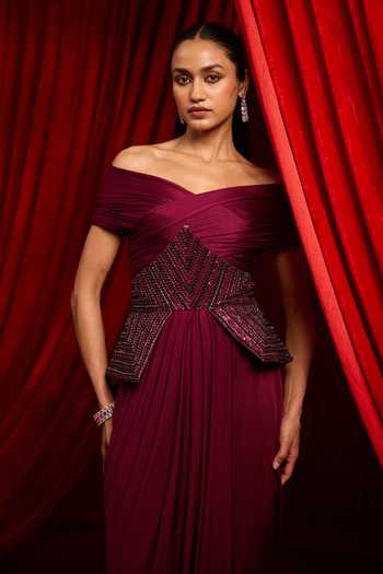 Buy NIDHIKA SHEKHAR Wine Shantoon, Lycra Mirrors, Beads Granthi Navshaili Draped Dress With Corset Online at Aza Fashions Buy_NIDHIKA SHEKHAR_Wine Shantoon, Lycra Mirrors, Beads Granthi Navshaili Draped Dress With Corset _Online_at_Aza_Fashions