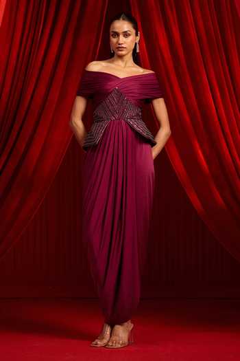 NIDHIKA SHEKHAR Wine Shantoon, Lycra Mirrors, Beads Granthi Navshaili Draped Dress With Corset at Aza Fashions NIDHIKA SHEKHAR_Wine Shantoon, Lycra Mirrors, Beads Granthi Navshaili Draped Dress With Corset _at_Aza_Fashions