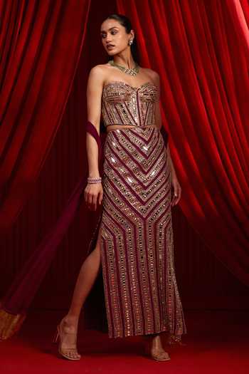 Buy NIDHIKA SHEKHAR Wine Crepe Mirrors, Zari Sweetheart Neck Darpan Embellished Skirt Set Online at Aza Fashions Buy_NIDHIKA SHEKHAR_Wine Crepe Mirrors, Zari Sweetheart Neck Darpan Embellished Skirt Set _Online_at_Aza_Fashions