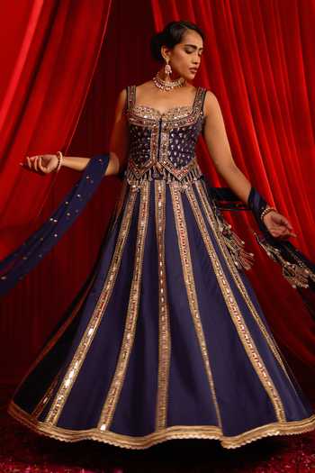 NIDHIKA SHEKHAR Blue Georgette Pearls, Zari, Mirrors Anvaya Neel Embroidered Lehenga Set Online at Aza Fashions NIDHIKA SHEKHAR_Blue Georgette Pearls, Zari, Mirrors Anvaya Neel Embroidered Lehenga Set _Online_at_Aza_Fashions