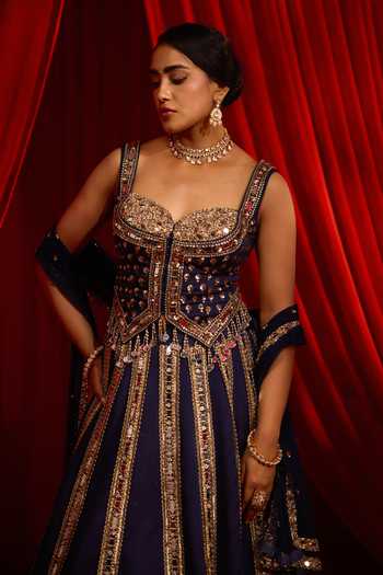Buy NIDHIKA SHEKHAR Blue Georgette Pearls, Zari, Mirrors Anvaya Neel Embroidered Lehenga Set Online at Aza Fashions Buy_NIDHIKA SHEKHAR_Blue Georgette Pearls, Zari, Mirrors Anvaya Neel Embroidered Lehenga Set _Online_at_Aza_Fashions