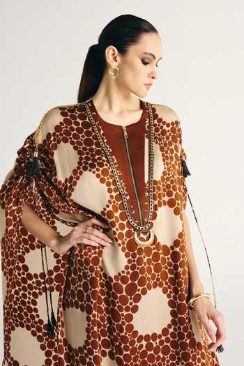 Buy_Kamaali Pret_Brown Satin Round Neck Sahra Printed Kaftan And Pant Set 