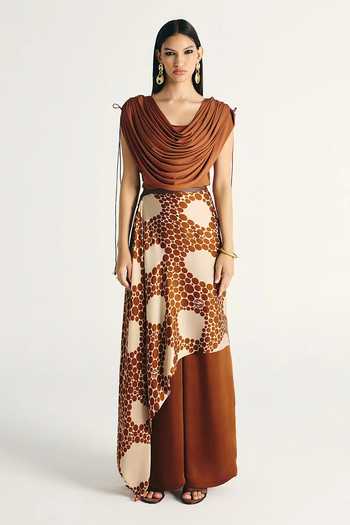 Buy_Kamaali Pret_Brown Satin Cowl Neck Amara Top Set _Online_at_Aza_Fashions