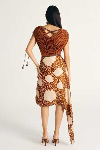 Shop Kamaali Pret Brown Satin Cowl Neck Inaya Top And Skirt Set at Aza Fashions Shop_Kamaali Pret_Brown Satin Cowl Neck Inaya Top And Skirt Set _at_Aza_Fashions