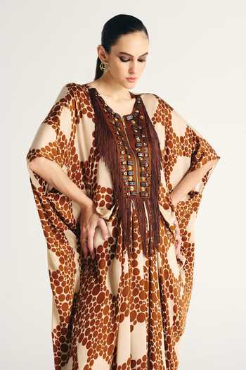 Shop Kamaali Pret Ivory Satin Round Neck Naya Printed Kaftan Shop_Kamaali Pret_Ivory Satin Round Neck Naya Printed Kaftan