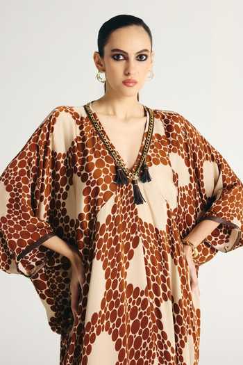 Buy Kamaali Pret Ivory Satin V-neck Maha Printed Kaftan Buy_Kamaali Pret_Ivory Satin V-neck Maha Printed Kaftan