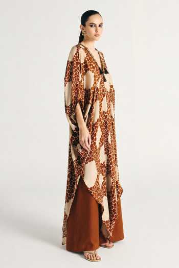 Kamaali Pret_Ivory Satin V-neck Oryx Printed Kaftan And Pant Set _Online_at_Aza_Fashions
