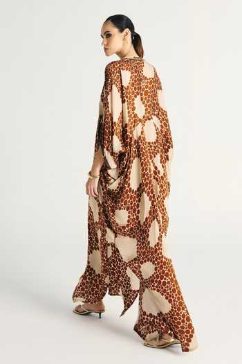 Buy_Kamaali Pret_Ivory Satin V-neck Oryx Printed Kaftan And Pant Set _Online_at_Aza_Fashions