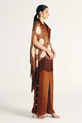 Kamaali Pret_Ivory Satin Collared Neck Nubia Printed Cape Set _Online_at_Aza_Fashions