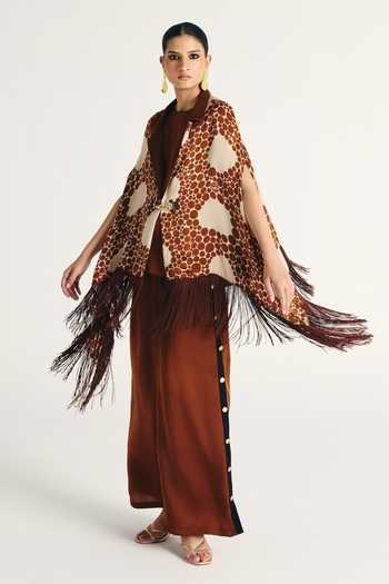 Buy_Kamaali Pret_Ivory Satin Collared Neck Nubia Printed Cape Set 