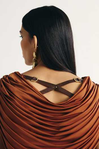 Kamaali Pret Brown Satin Cowl Neck Laila Draped Top And Skirt Set Online at Aza Fashions Kamaali Pret_Brown Satin Cowl Neck Laila Draped Top And Skirt Set _Online_at_Aza_Fashions