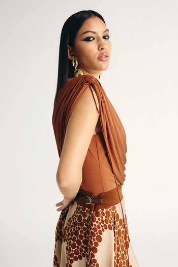Shop Kamaali Pret Brown Satin Cowl Neck Laila Draped Top And Skirt Set Online at Aza Fashions Shop_Kamaali Pret_Brown Satin Cowl Neck Laila Draped Top And Skirt Set _Online_at_Aza_Fashions