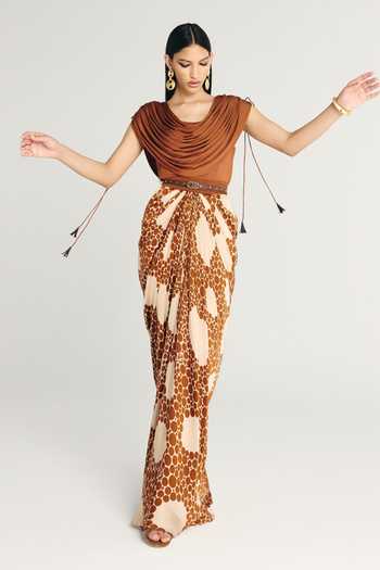 Kamaali Pret_Ivory Satin Cowl Neck Ziva Draped Top And Skirt Set _Online_at_Aza_Fashions