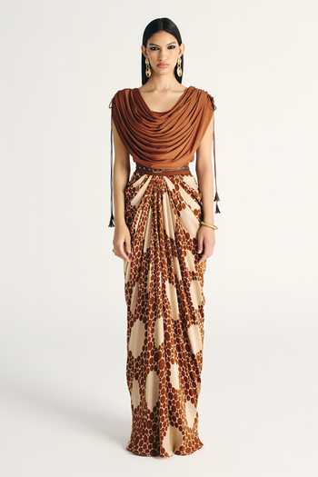 Shop_Kamaali Pret_Ivory Satin Cowl Neck Ziva Draped Top And Skirt Set _Online_at_Aza_Fashions