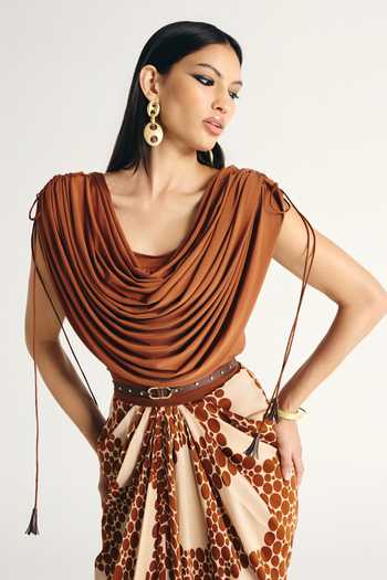 Buy_Kamaali Pret_Ivory Satin Cowl Neck Ziva Draped Top And Skirt Set 