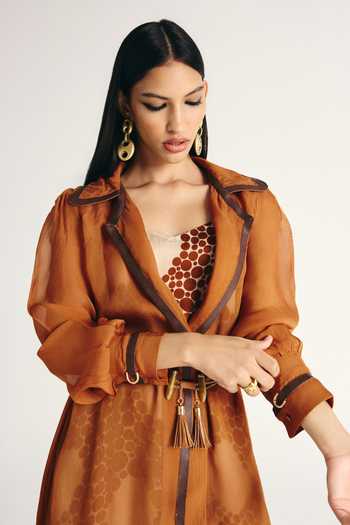 Buy Kamaali Pret Brown Satin Haneen Trench Coat Set Online at Aza Fashions Buy_Kamaali Pret_Brown Satin Haneen Trench Coat Set _Online_at_Aza_Fashions