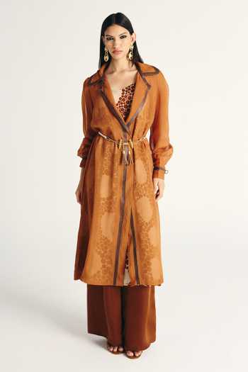Kamaali Pret_Brown Satin Reema Trench Coat And Pant Set _Online_at_Aza_Fashions