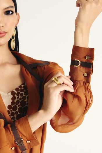 Buy_Kamaali Pret_Brown Satin Reema Trench Coat And Pant Set _Online_at_Aza_Fashions