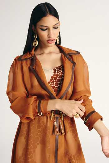 Shop_Kamaali Pret_Brown Satin Reema Trench Coat And Pant Set _Online_at_Aza_Fashions