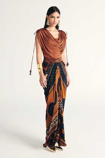 Kamaali Pret Brown Satin Cowl Neck Kazmi Printed Skirt And Top Set Online at Aza Fashions Kamaali Pret_Brown Satin Cowl Neck Kazmi Printed Skirt And Top Set _Online_at_Aza_Fashions