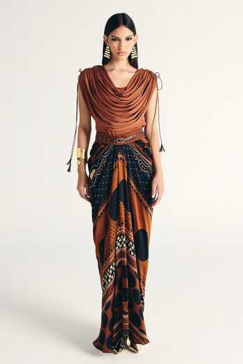 Buy Kamaali Pret Brown Satin Cowl Neck Kazmi Printed Skirt And Top Set Online at Aza Fashions Buy_Kamaali Pret_Brown Satin Cowl Neck Kazmi Printed Skirt And Top Set _Online_at_Aza_Fashions