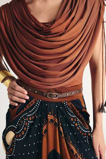 Shop Kamaali Pret Brown Satin Cowl Neck Kazmi Printed Skirt And Top Set Online at Aza Fashions Shop_Kamaali Pret_Brown Satin Cowl Neck Kazmi Printed Skirt And Top Set _Online_at_Aza_Fashions