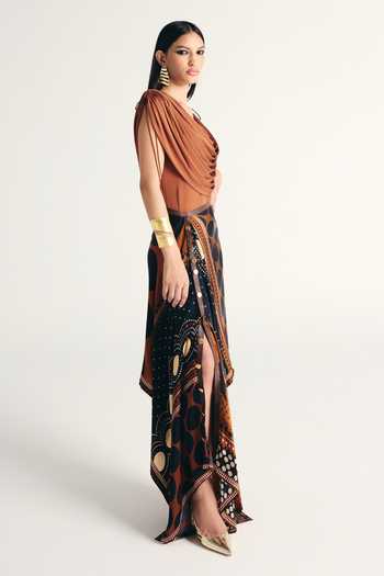 Kamaali Pret_Brown Satin Cowl Neck Rihla Draped Top And Skirt Set _Online_at_Aza_Fashions